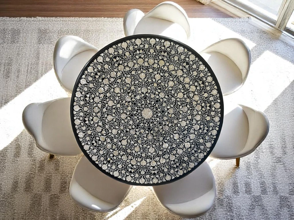 Marble Top Round Table Floral Mother Of Pearl Inlay Design